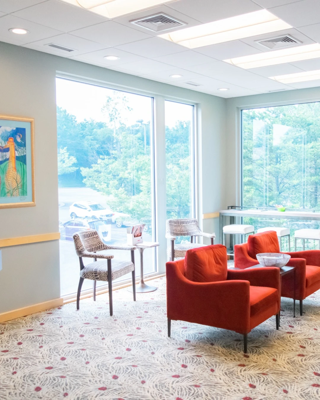 The practice's waiting room, with red armchairs facing a wall of windows overlooking the parking lot and trees